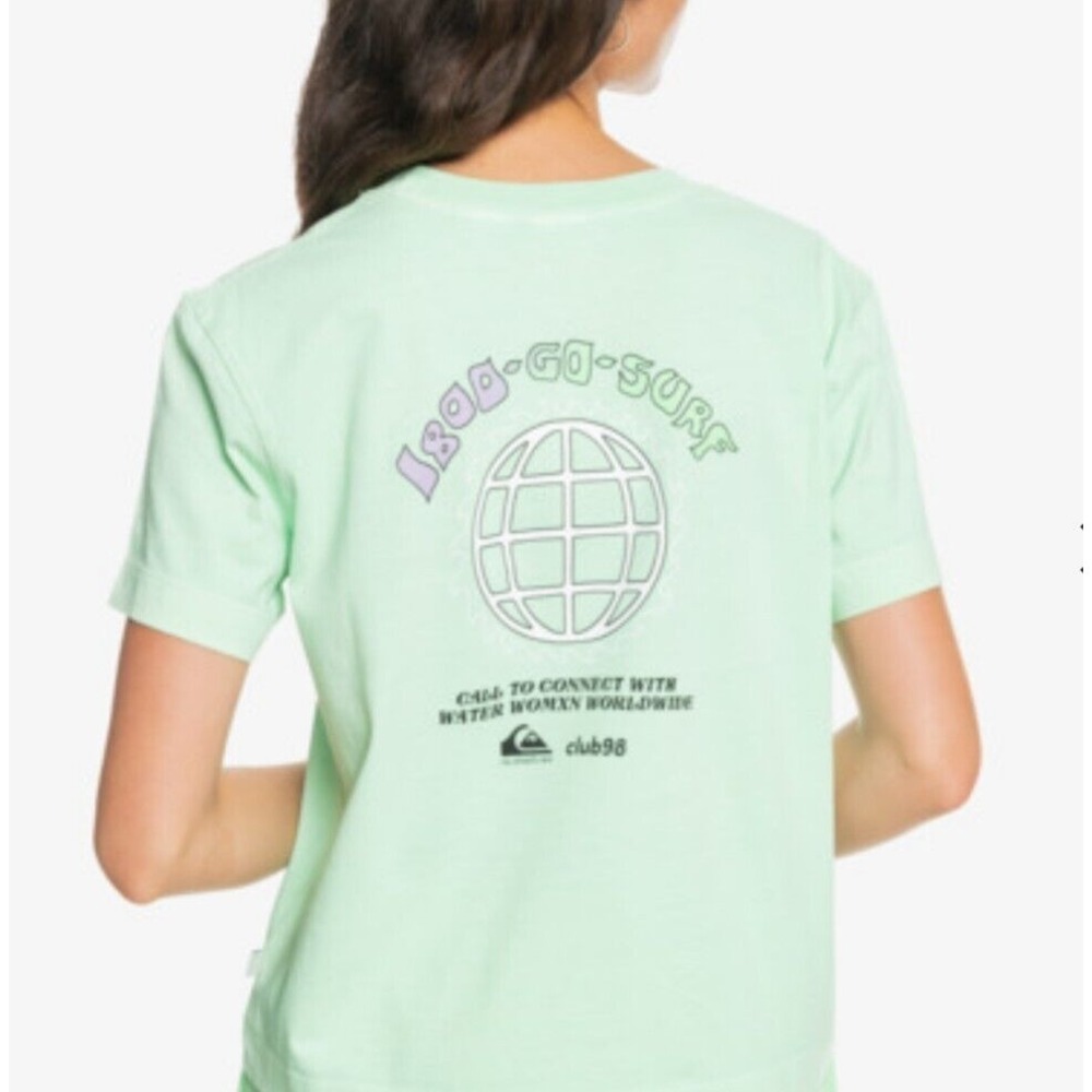 Quiksilver The Crop Tee Women's Small Green Short Sleeves Graphic Back Crew Neck